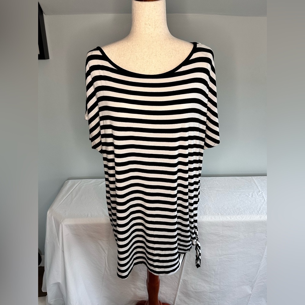 MICHAEL KORS Women Blue White Striped Short Sleeve Side Tie Top Plus 2X